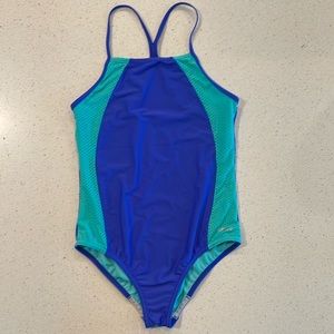 Girls SPEEDO One-Piece Racerback Swimsuit, Girls 16, Blue with Teal Mesh Accents